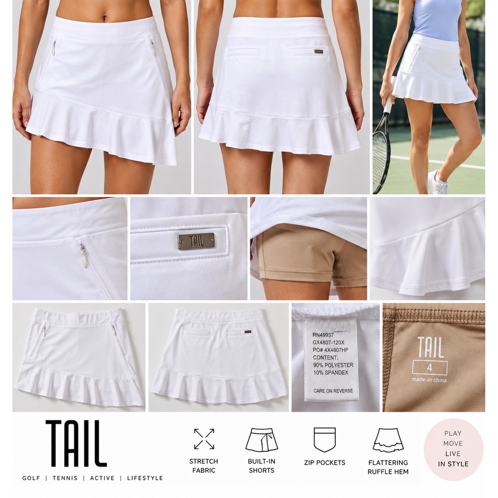 Tail Skort Womens 4 White Golf Tennis Ruffle Hem Built In Shorts GX4807-120X